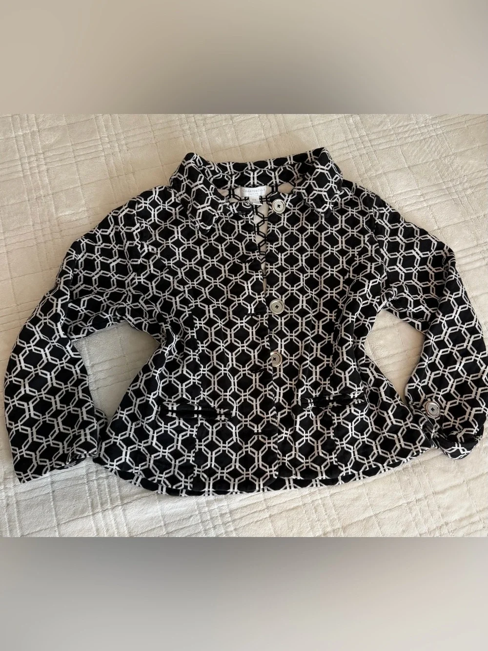 Charter Club Petite black white geometric knit button jacket P/S